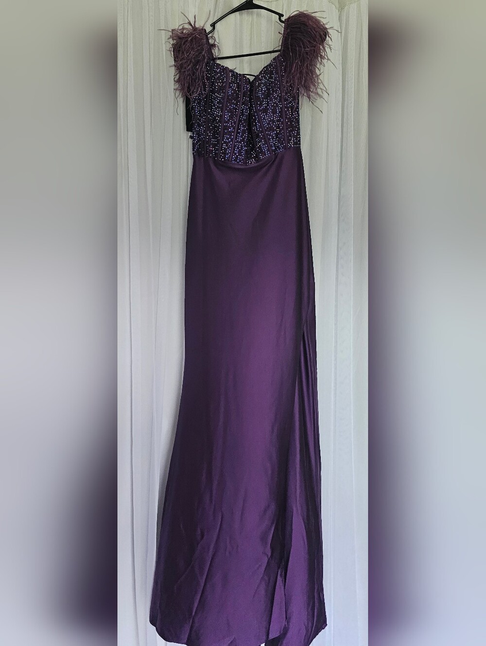 Sophia Thomas Purple Beaded Evening Gown with Feather Shoulders Size 2